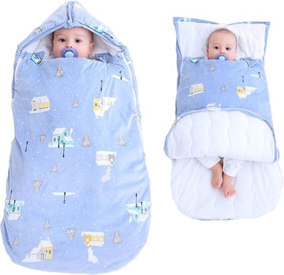 Een speciaal voor koud weer ontworpen babyslaapzak, een comfortabele winterslaapzak met ritssluiting, geschikt voor in de kinderwagen en op reis, inclusief een dik fleecedekentje, geschikt voor pasgeborenen (0-6 maanden, 88 x 46 cm, blauw)