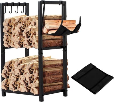 Brandhoutrek Binnen - Houthouder Openhaard - Opslag Openhaard - 2-Laags Ventilatie - 46x33x80 cm - Zwart