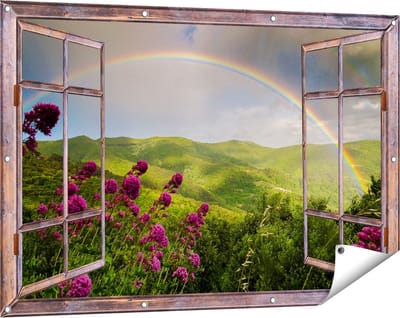 Gards Tuinposter Doorkijk Regenboog in de Heuvel Bossen - 120x80 cm - Tuindoek - Tuindecoratie - Wanddecoratie buiten - Tuinschilderij