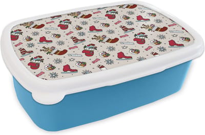 Broodtrommel Blauw - Lunchbox - Brooddoos - Kerst - Schaats - Kerstcadeau - Patroon - 18x12x6 cm - Kinderen - Jongen
