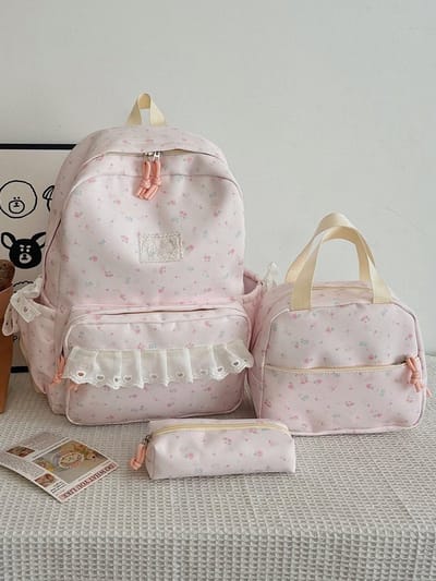 KZQ Leuke Esthetische Kawaii Rugzak met Bloemenprint Laptoprugzak voor Reis en Dames Roze