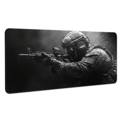 Zwart grote muismat bureau onderlegger voor dames en heren met tactische soldaat print gaming design antislip rubberen onderzijde 30x60 cm game muismat desk mat groot formaat
