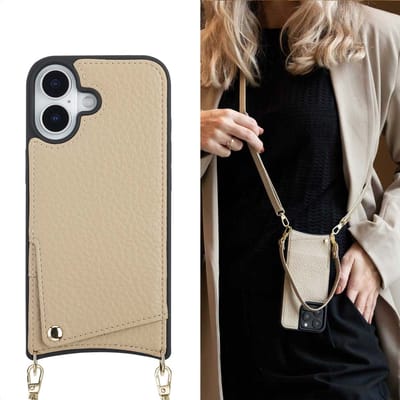 Selencia Hoesje - Geschikt voor Apple iPhone 17 - Backcover met koord en pashouder - Beige