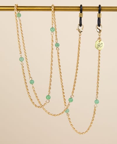 Brillenkoord – Goud gedraaide Brillenketting met groen Steentje – Elegante Brillenkoord | Sunny Cords