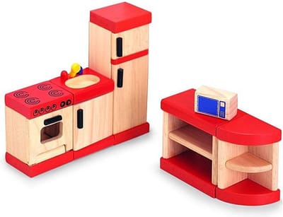 Pintoy Rode Keuken voor Poppenhuis - Compleet Keukenblok met Fornuis, Aanrecht, Koelkast en Kastjes - Hoogte 14 cm