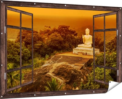 Gards Tuinposter Doorkijk Boeddha Beeld bij een Tempel in het Bos - 180x120 cm - Tuindoek - Tuindecoratie - Wanddecoratie buiten - Tuinschilderij