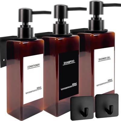 Famanu – Shampoo- en conditionerdispenser met 3 vakken, inclusief 16 waterdichte labels, zwart, 470 ml
