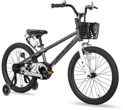 Joystar Pluto Kinderfiets - 20 inch - met mandje - met waterfles - zijwieltjes - bel - handrem - grijs - Geschikt voor buitenactiviteiten in de lente