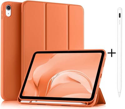 Casemania Stylus en Hoes Geschikt voor Apple iPad 2025 (A16) - Oranje - Universeel Stylus Pen - Smart Cover met Pencil Slot Uitsparing