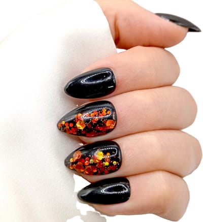 SD Press on Nails - No. 23 Falling - Medium Stiletto - Zwart - Oranje Glitter - Plaknagels - Gelnagels - Handgemaakte Nagels - 20 stuks - Cosplay - Accessoires - (gel)Nagellak - Nagelstudio - Nail Art - Nagels met lijm - M Nageltips