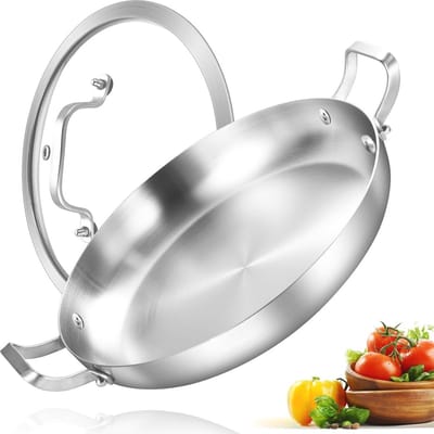 33 cm Tri-Ply Roestvrijstalen Roerbakpan met Deksel – Geschikt voor Inductie, Vaatwasser en Oven