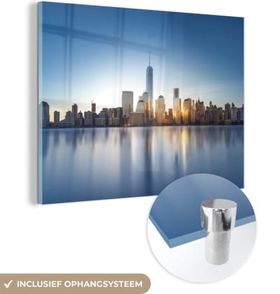 MuchoWow® Glasschilderij 160x120 cm - Schilderij acrylglas - New York - Skyline - Reflectie - Foto op glas - Schilderijen