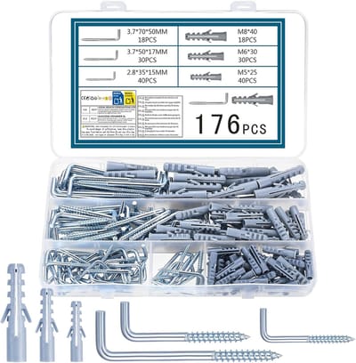 SnelShoppen - 176 Stuks L Haakjes met Dowel Schroeven Set, Fotohaakjes voor Schroeven, Plug Set, Schroefhaken, Rechte Wandhaakjes, Metalen Haken voor