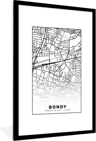 Fotolijst incl. Poster Zwart Wit- Kaart - Bondy - Stadskaart - Frankrijk - Plattegrond - Zwart wit - 80x120 cm - Posterlijst