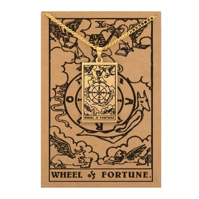 Tarot Ketting X: Het Rad van Fortuin / Wheel of Fortune - Inclusief Rider-Waite Kaart - Goudkleurig Stainless Steel - 60cm - Pax Amare