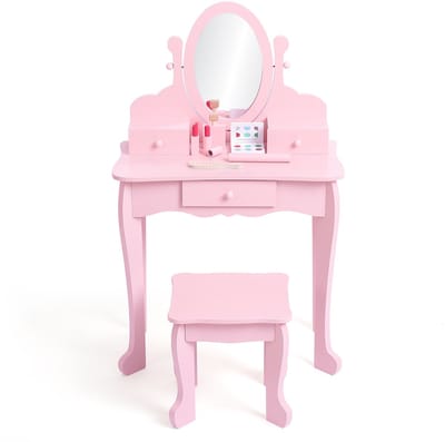 Kinderkaptafel set met spiegel en kruk - houten kaptafel voor meisjes speelgoed - roze