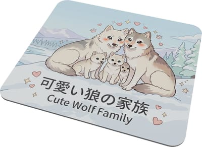 Kawaii Wolf Familie Muismat - Schattige Wolven Puppy Mousepad - Winter Landschap Design - Japanse Anime Stijl - Cadeau voor haar: Vriendin & Collega - Bureau Onderlegger Dieren - Wit en Grijs Kleurenschema - Hartjes Illustratie