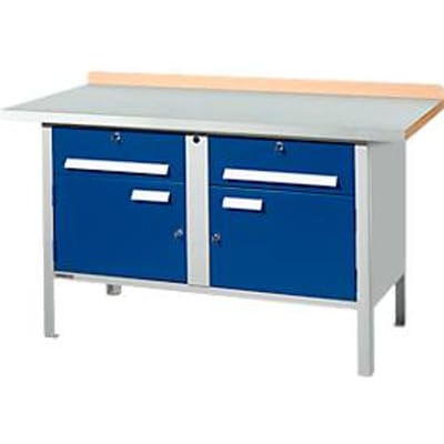 Werkbank met kasten Schäfer Shop Select PWi 150-0, ESD, beuken multiplexplaat, met stalen deksel, tot 750 kg, B 1500 x D 700 x H 840 mm, lichtgrijs/ gentiaanblauw