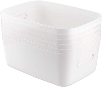 Set van 6 ruime witte plastic opbergmanden 30x20x12cm voor studio, badkamer en kantoor, handige rechthoekige manden met handvatten voor georganiseerd opbergen