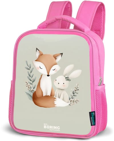 NoBoringSuitcases.com® - Rugzak roze - Schooltas meisjes - Vos en konijn omringd door groene blaadjes - Kinder rugtas meisje - Boekentas kind - Kinderrugzak voor school - Schoolrugzak