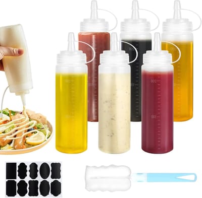 Set van 6 Herbruikbare Squeeze Flessen van 250ml voor Sauzen, Ketchup en Mosterd met Reinigingsborstel