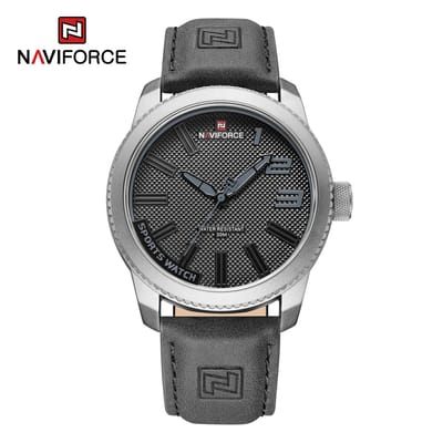 NAVIFORCE horloge voor mannen, met zwarte lederen polsband, mat zilveren uurwerkkast, zwarte wijzerplaat met donkergrijze wijzers ( model 9202L SGYGY ), verpakt in mooie geschenkdoos