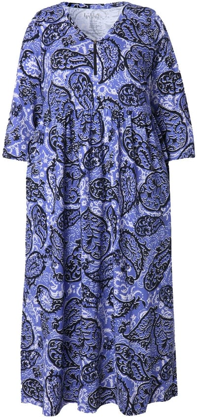 Ulla Popken - Dames - Jurk paisley-patroon A-lijn V-hals 3/4-mouwen - Marine - Maat 46+