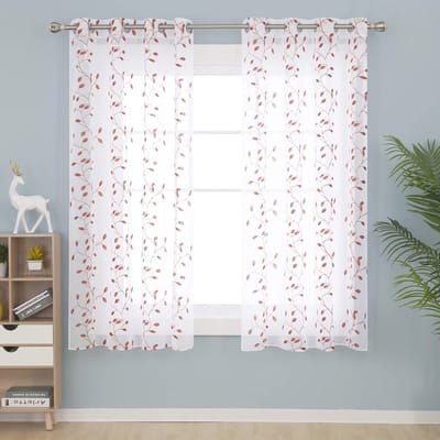 Transparante Gordijnen met Oogjes in Wit en Oranje Bladeren - Set van 2, 55x72 Inch