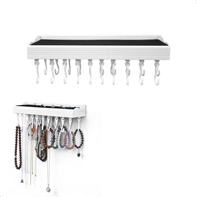 Sieradenopbergdoos voor dames, grote organizer met 20 haken en vakken voor ringen, oorbellen en armbanden, wit, 30 x 10 x 9 cm, perfect voor het ordenen van juwelen