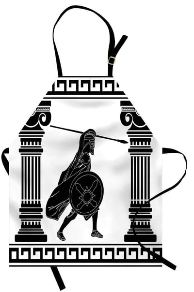 ABAKUHAUS Toga-feest kookschort, Zwarte krijger-silhouet, klaar om aan te vallen tussen antieke Ionische paleiszuilen, kleurvast, in hoogte verstelbaar, wasbaar, heldere digitale afdruk, Wit/Zwart