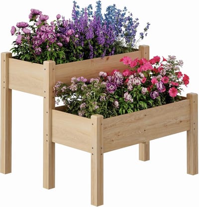 HoerFuriy Plantenbak - Houten Kweekbak op Poten - 2 Niveaus - Moestuinbak - 84x84x74 cm - Dennenhout - Voor Kruiden & Groenten - Kleur hout