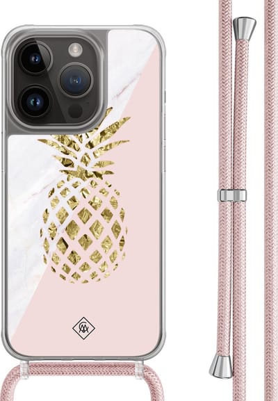 Casimoda® hoesje met rosegoud koord - Geschikt voor iPhone 13 Pro - Ananas - Afneembaar koord - TPU/polycarbonaat - Roze
