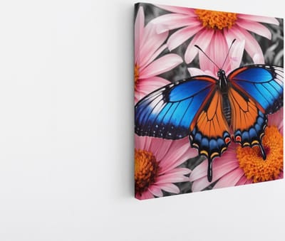 Saammp Canvas Schilderij -Vlinder bij roze bloem - Dieren - Natuur - 20x20 - Foto op canvas - Wanddecoratie - muurdecoratie Woonkamer - Slaapkamer decoratie - Canvas Print
