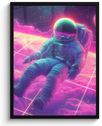 Poster in lijst - Fotolijst 50x70 cm - Posters - Astronaut - Neon - Roze - Wolken - Posterlijst zwart - Decoratie - Wanddecoratie woonkamer - Muurdecoratie slaapkamer