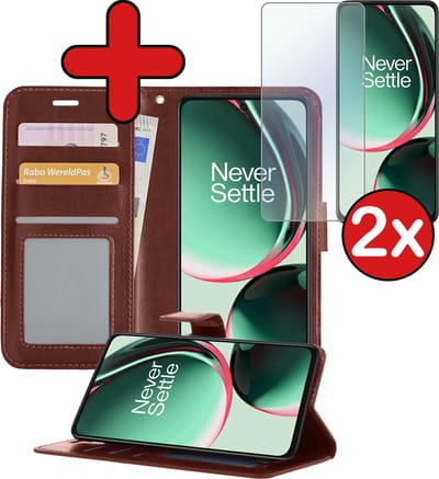 Hoesje - Met 2x Screenprotector - Geschikt voor OnePlus Nord CE 3 Lite - Luxe Pasjeshouder - Flip Case - Bookcase Portemonee - Kunstleer Book Case - Flipcase Hoes - Book Cover - Walletcase - Portemonneehoes - Telefoonhoes - Bruin
