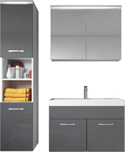 Badplaats Badkamermeubel Set Paso 80 x 40 cm – Grijs Hoogglans – Badmeubel met Spiegelkast en Zijkast