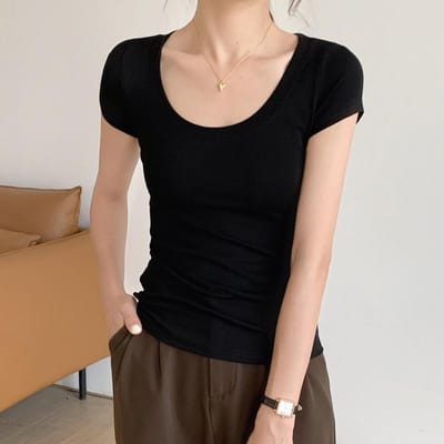 T-shirt en Coton Pur pour Femmes Manches Courtes Slim Col Rond Sexy Moulant Nouveau Top d'Été Couleur Unie T-shirt de Base L black