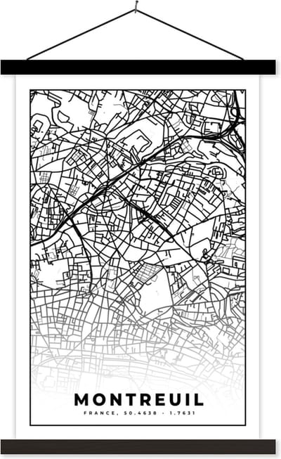 Posterhanger incl. Poster 40x60 cm - Schoolplaat - Kaart - Plattegrond - Frankrijk - Stadskaart - Montreuil - Zwart wit - Textielposter - Zwarte latten - Stadskaart