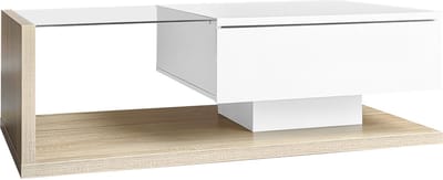 MODFU Salontafel 105x55x32,5 cm van spaanplaat & gehard glas, hoogglans wit/naturel met 16-kleur LED