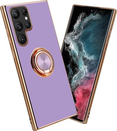 Cadorabo Hoesje geschikt voor Samsung Galaxy S22 ULTRA in Glossy Licht Paars - Goud met ring - Beschermhoes van flexibel TPU-silicone Case Cover met camerabescherming en magnetische autohouder