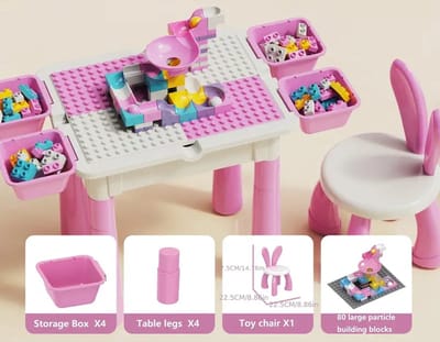 Multifunctionele Bouwsteentafel – Inclusief 80 Bouwstenen – 4 Opbergbakken – Speelset met Stoel – Geschikt voor Duplo – Interactief Speelmeubel voor Kinderen – Perfect Kerstcadeau – Roze