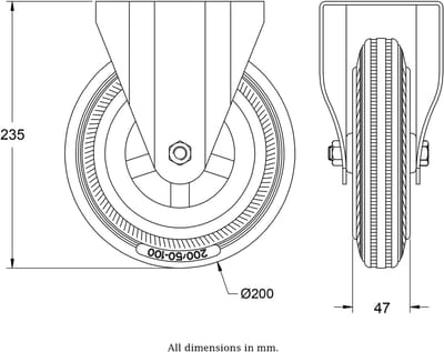 200 mm (8") roestvrijstalen zwenkwiel met grijs rubber, vast, 205 kg