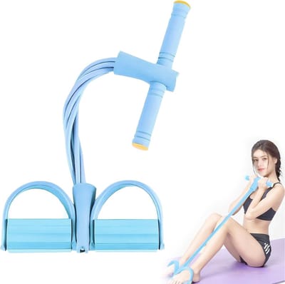 Multifunctionele buikspiertrainer met 6 weerstandsbanden, voetpedalen, rugtrainer, fitnessriem en sit-up weerstandsband, geschikt voor taille-, been- en buikspiertraining, yoga, pilates, afslanktraining en thuisgebruik.