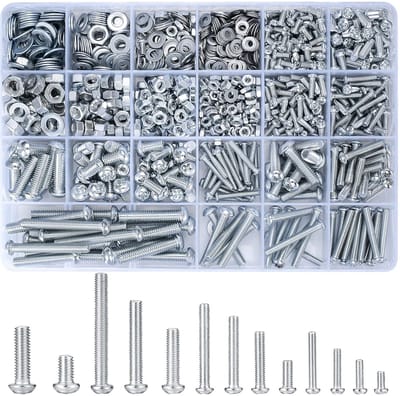 Famanu Schroefset van 1080 stuks M3, M4, M5, M6, met zeskantmoeren en sluitringen, lenskopschroeven, schroefdraadschroeven, kruiskopschroeven, machineschroeven, assortiment kit (C)