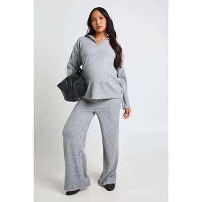 boohoo Dames Zwangerschaps Zachte Geribbelde Top Met Kraag & Broek Loungeset | Grijs | Maat: 36