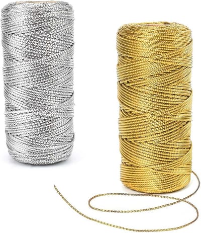 2 Stuks Inelastic Touw 1.5mm x 100m voor Armbanden, Goud Draad en Zilver Verpakking, DIY Touw voor Sieraden en Cadeauverpakking