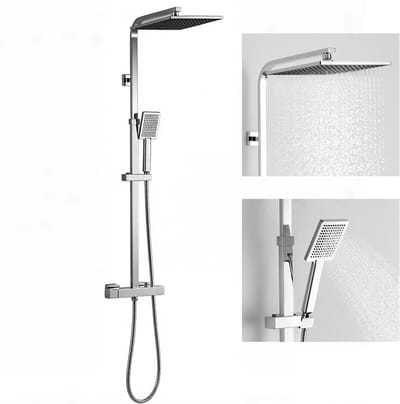 Auralum max Regendouche - Doucheset Met Thermostaatkraan - Douche Regendoucheset Vierkant met Handdouche Regendouchekop - Verstelbare Hoogte 97-130 cm - Chroom