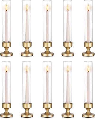 Set van 10 Goudkleurige Cilinder Kaarsenhouders voor Lange Kaarsen - Elegante Tafeldecoratie