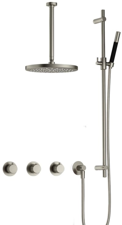 Hotbath Cobber X IBSX70 inbouw regendoucheset met staafhanddouche aan glijstang en 30cm ronde hoofddouche aan 30cm plafondarm geborsteld nikkel
