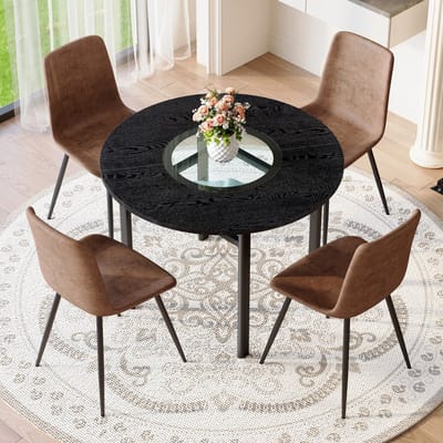 FloraGrace Ronde Eettafelset 100 cm met 4 Stoelen - Zwart Houtlook Blad met Glasinleg - Voor Eetkamer en Woonkamer - Houtvezelplaat - Bruin Zwart